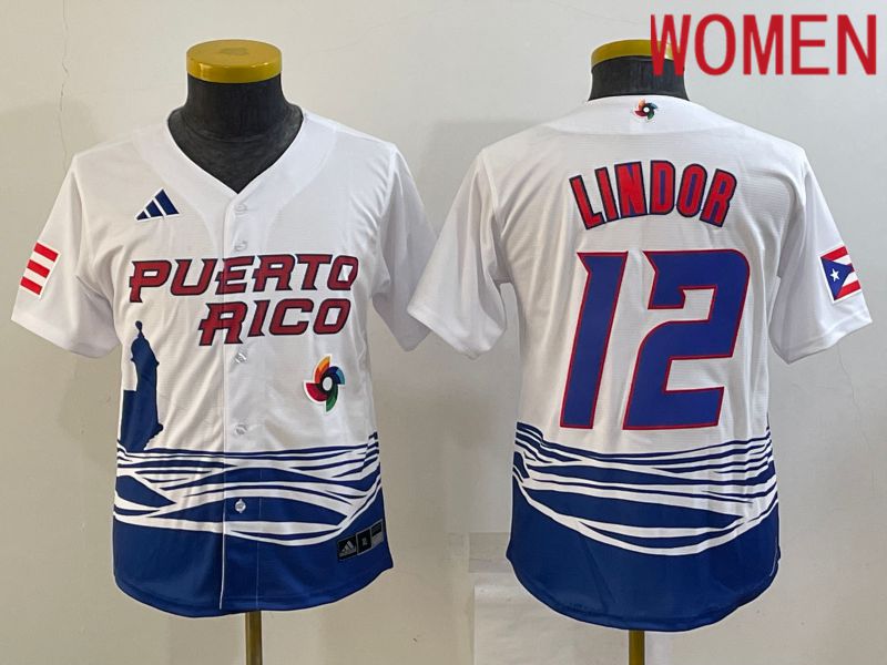 Women 2023 World Cub #12 Lindor White MLB Jersey7->women mlb jersey->Women Jersey